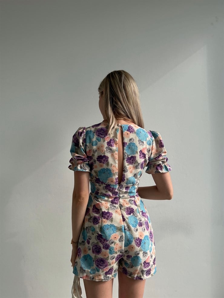 Çiçekli V Yaka Pileli Junior Kadın Mavi Şort Tulum 22Y000390