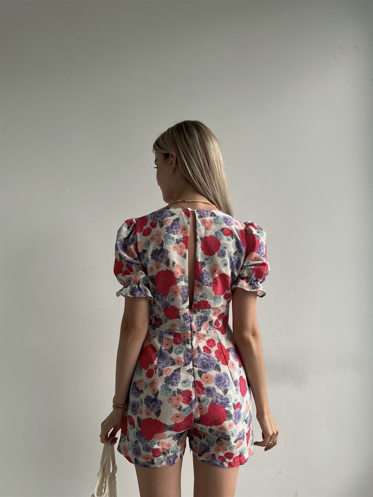 Çiçekli V Yaka Pileli Junior Kadın Pembe Şort Tulum 22Y000390