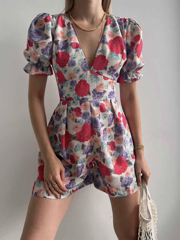 Çiçekli V Yaka Pileli Junior Kadın Pembe Şort Tulum 22Y000390