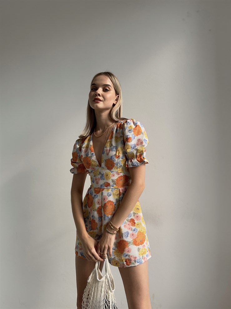 Çiçekli V Yaka Pileli Junior Kadın Sarı Şort Tulum 22Y000390