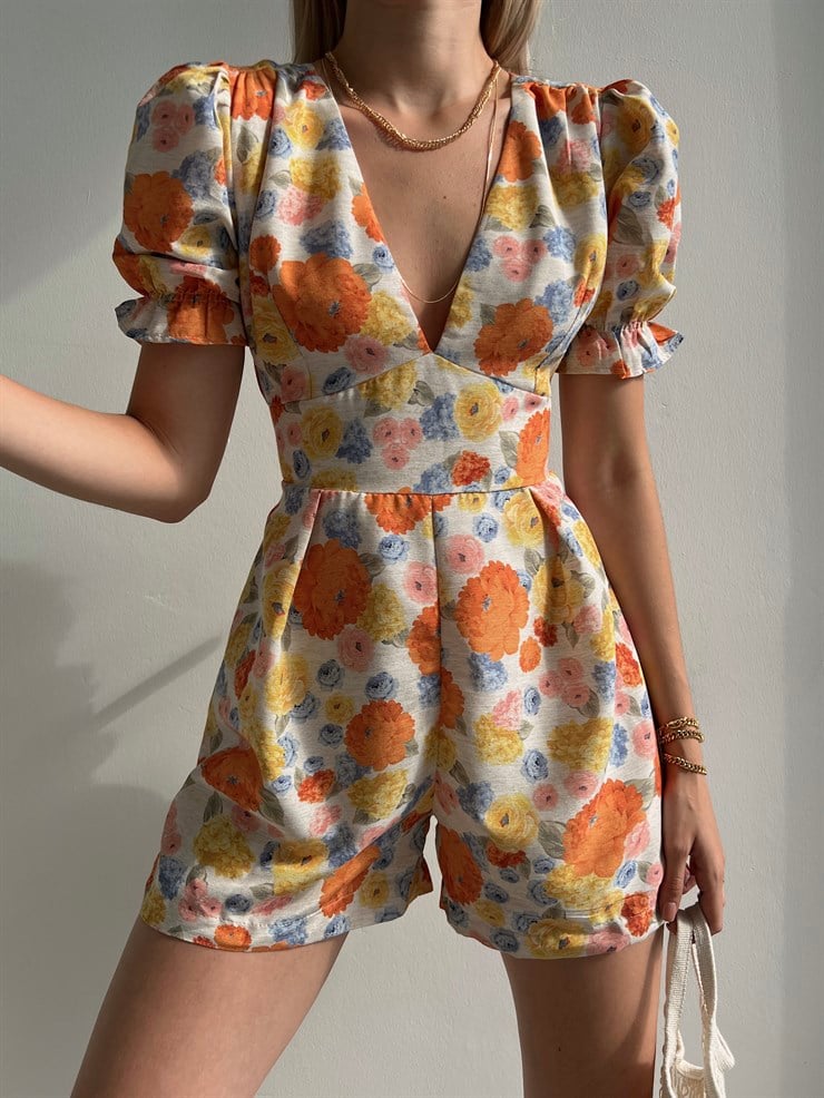 Çiçekli V Yaka Pileli Junior Kadın Sarı Şort Tulum 22Y000390