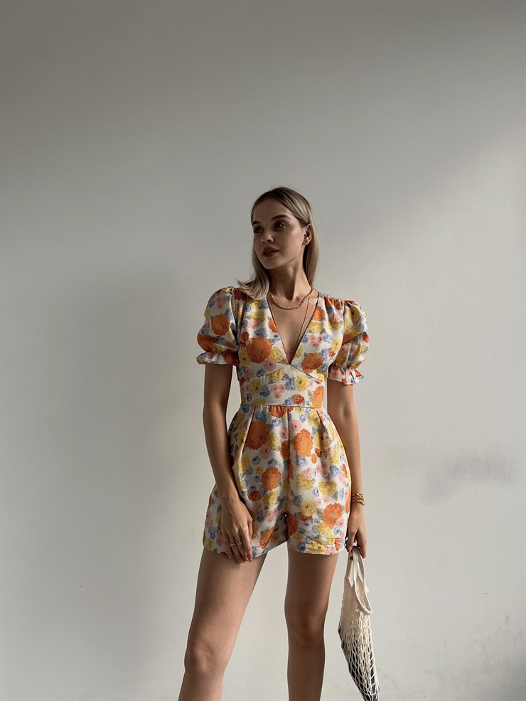 Çiçekli V Yaka Pileli Junior Kadın Sarı Şort Tulum 22Y000390