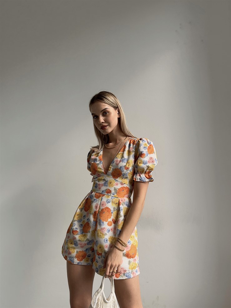 Çiçekli V Yaka Pileli Junior Kadın Sarı Şort Tulum 22Y000390