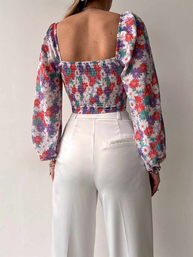 Çiçekli Yakası Bağcıklı Ve Volanlı Dulce Kadın Lila Crop Bluz 22K000532