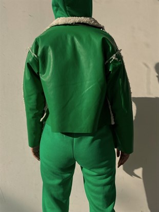 Vegan Deri İçi Tüylü Çift Düğmeli Kadın Yeşil  Mont 22K000141