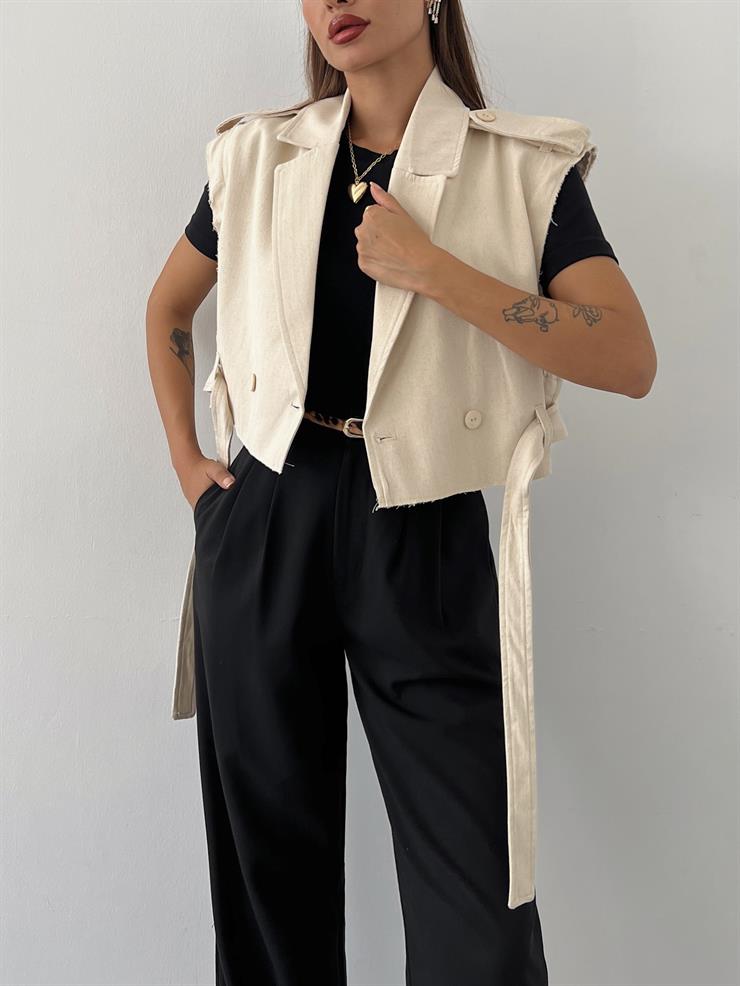 Çıkarılabilir Kol Detaylı Önü Düğme Kapamalı Yevgeni Kadın Natural Kuşaklı Ceket 24k000007