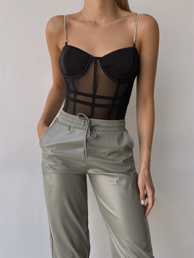 Çikartılabilir İnce Taş Askı Transparan Tül Kumaş Cappi Kadın Siyah Bodysuit 22Y000495