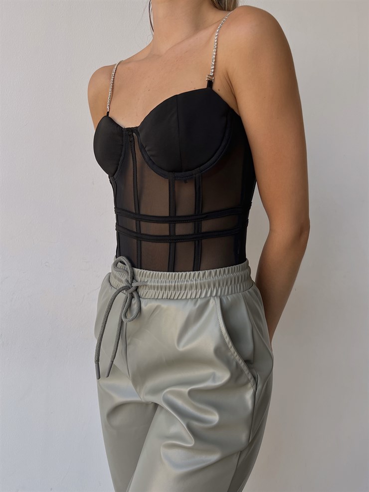 Çikartılabilir İnce Taş Askı Transparan Tül Kumaş Cappi Kadın Siyah Bodysuit 22Y000495