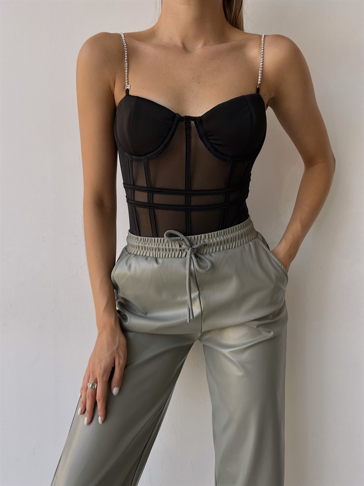 Çikartılabilir İnce Taş Askı Transparan Tül Kumaş Cappi Kadın Siyah Bodysuit 22Y000495