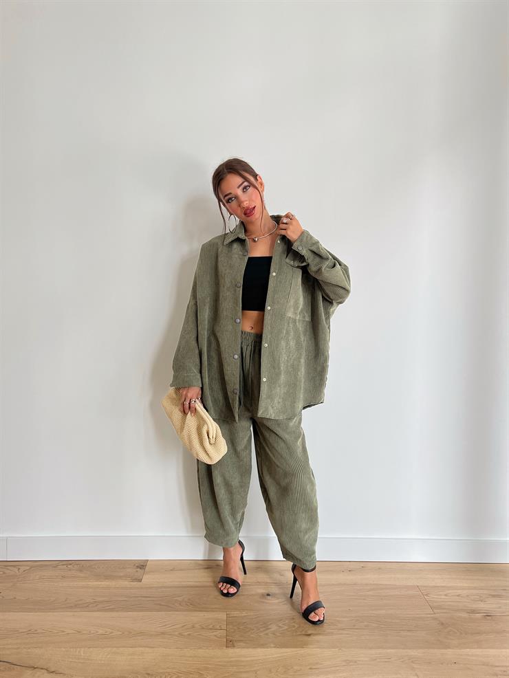 Çıtçıt Kapamalı Cepli Gömlek Beli Bağcıklı Şalvar Pantolon Dante Kadın Haki Kadife Takım 24k000045