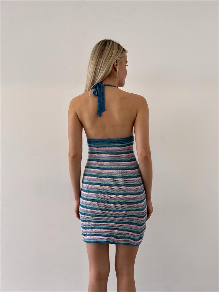 V Yaka Çizgili Boyundan Bağlamalı Sunner Kadın Mini Örme Elbise 23Y000214