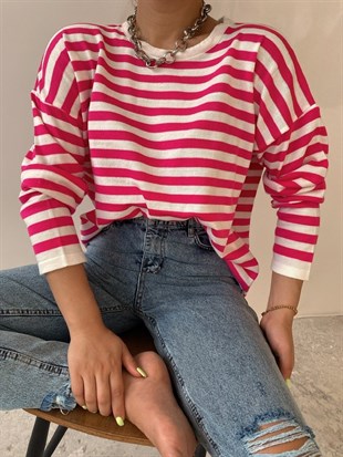 Çizgili Oversize İnce Kadın Pembe Kazak 22K000005