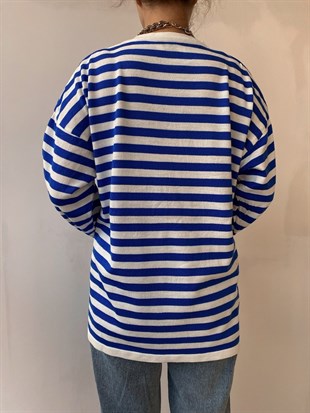 Çizgili Oversize İnce Kadın Saks Kazak 22K000005