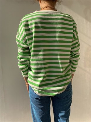 Çizgili Oversize İnce Kadın Yeşil Kazak 22K000005