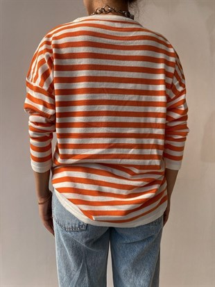 Çizgili Oversize İnce Kadın Turuncu Kazak 22K000005