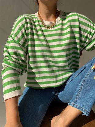 Çizgili Oversize İnce Kadın Yeşil Kazak 22K000005