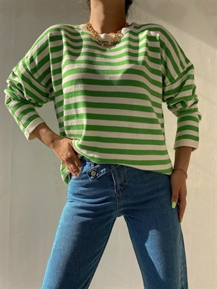 Çizgili Oversize İnce Kadın Yeşil Kazak 22K000005