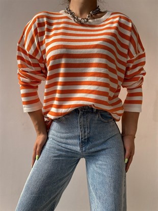 Çizgili Oversize İnce Kadın Turuncu Kazak 22K000005