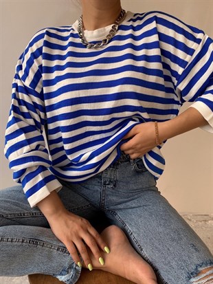 Çizgili Oversize İnce Kadın Saks Kazak 22K000005