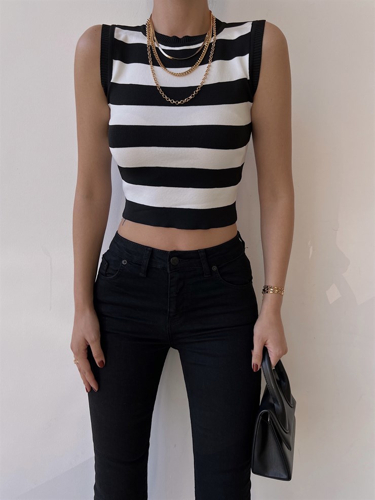 Çizgili İnce Triko Haven Kadın Siyah Crop Bluz 22Y000309