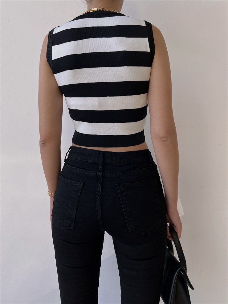 Çizgili İnce Triko Haven Kadın Siyah Crop Bluz 22Y000309