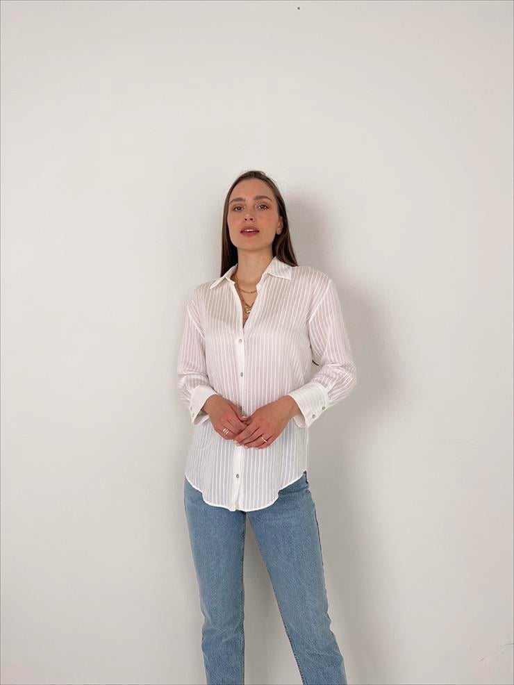 Çizgili Poplin Kadın Ekru Gömlek 23Y000082