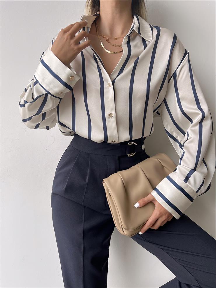 Çizgili Tiga Kadın Ekru Saten Gömlek 23Y000092