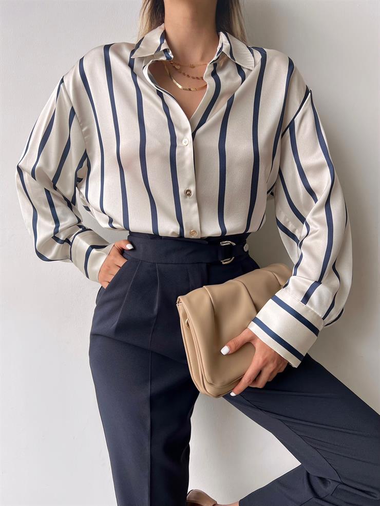 Çizgili Tiga Kadın Ekru Saten Gömlek 23Y000092