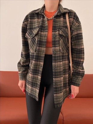 Ekose Önden Cepli Clarissa Kadın Haki Ceket 22K000358