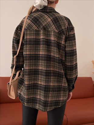 Ekose Önden Cepli Clarissa Kadın Haki Ceket 22K000358