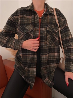 Ekose Önden Cepli Clarissa Kadın Haki Ceket 22K000358