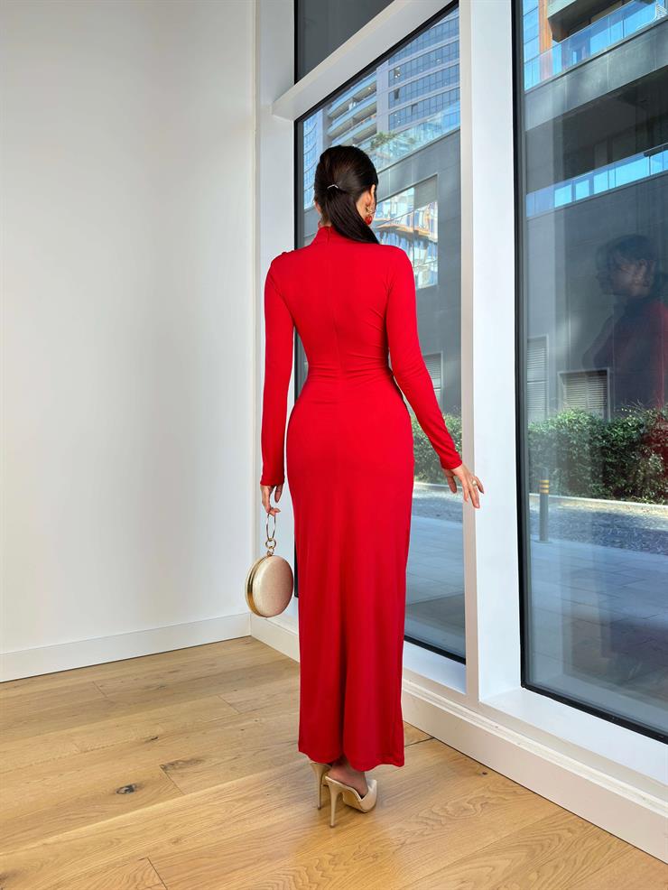 Yarım Balıkçı Yaka Drapeli Düğme Detaylı Claus Kırmızı Kadın Uzun Elbise 25K104