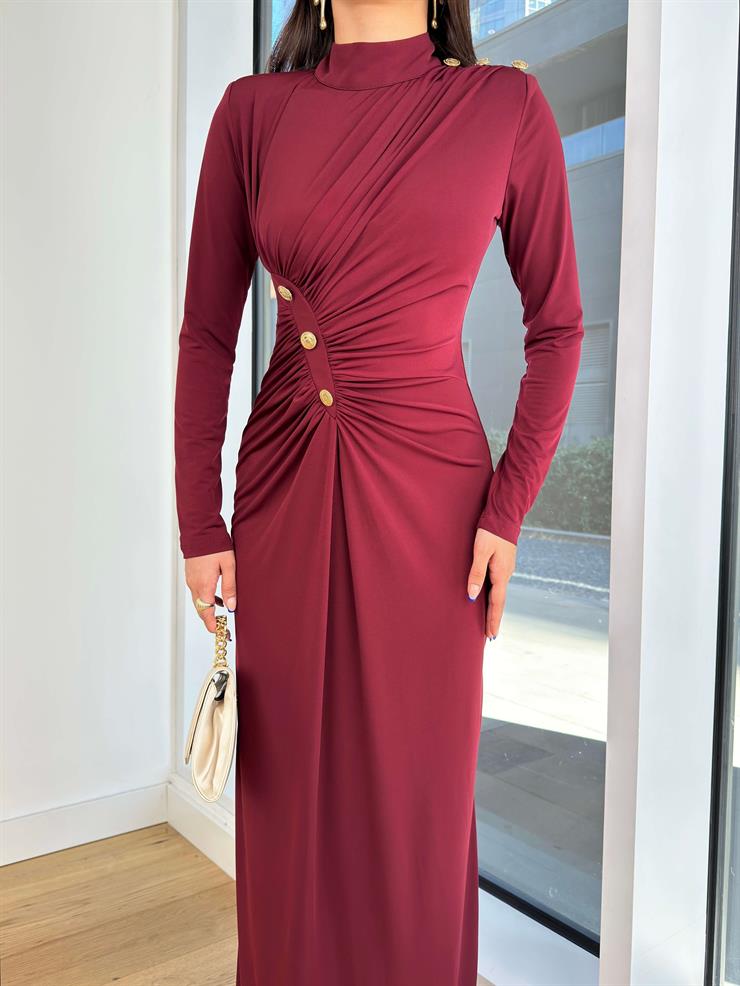 Yarım Balıkçı Yaka Drapeli Düğme Detaylı Claus Bordo Kadın Uzun Elbise 25K104