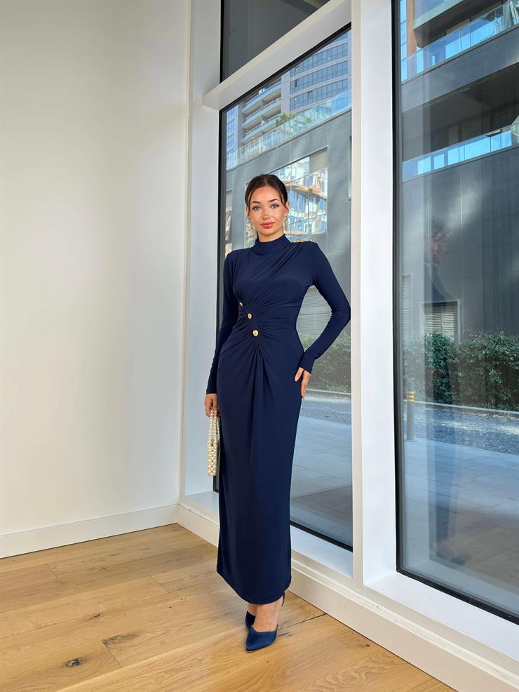 Yarım Balıkçı Yaka Drapeli Düğme Detaylı Claus Lacivert Kadın Uzun Elbise 25K104