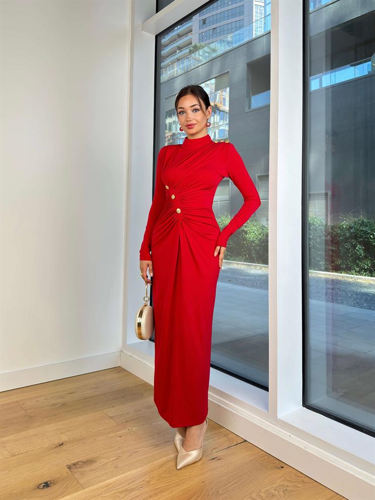Yarım Balıkçı Yaka Drapeli Düğme Detaylı Claus Kırmızı Kadın Uzun Elbise 25K104