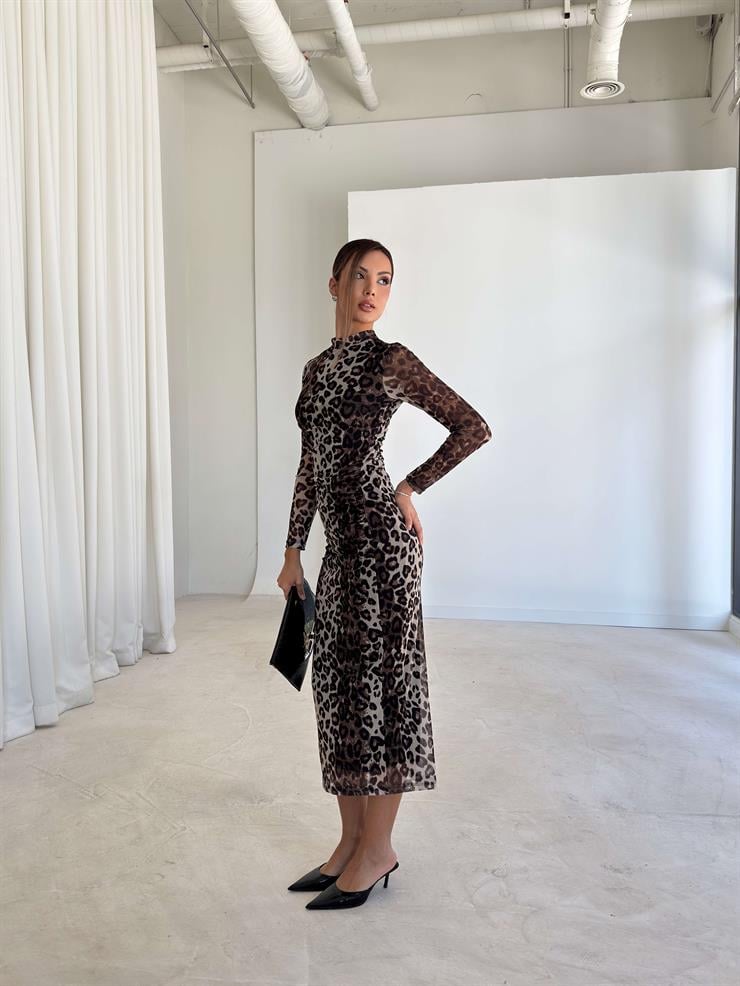 Desenli Drape Detaylı Kolları Tül Coleman Leopar Kadın Elbise 26K217