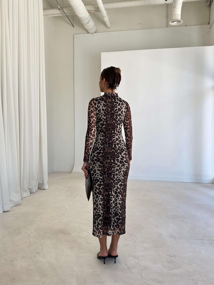 Desenli Drape Detaylı Kolları Tül Coleman Leopar Kadın Elbise 26K217