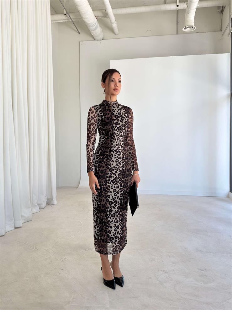 Desenli Drape Detaylı Kolları Tül Coleman Leopar Kadın Elbise 26K217