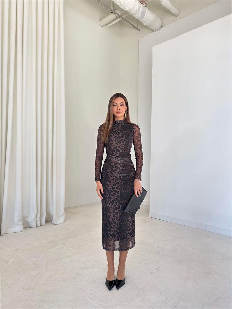 Desenli Drape Detaylı Kolları Tül Coleman Kahve Kadın Elbise 26K217