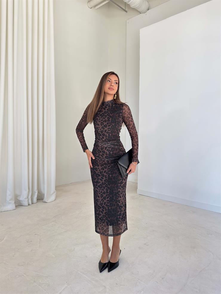 Desenli Drape Detaylı Kolları Tül Coleman Kahve Kadın Elbise 26K217