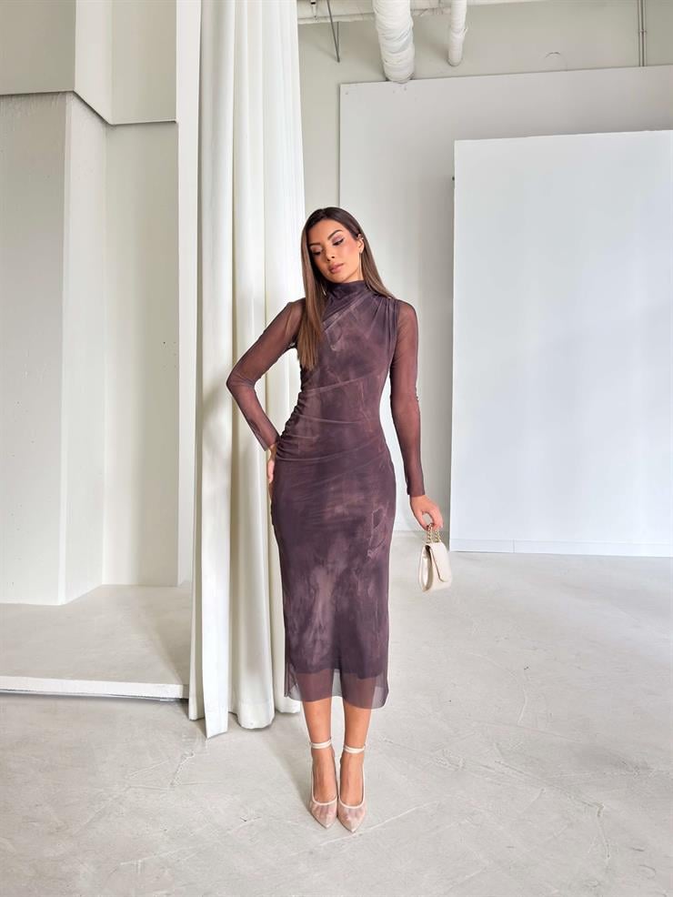 Uzun Tül Kol Drape Detaylı Colin Kadın Kahve Midi Elbise 24k369