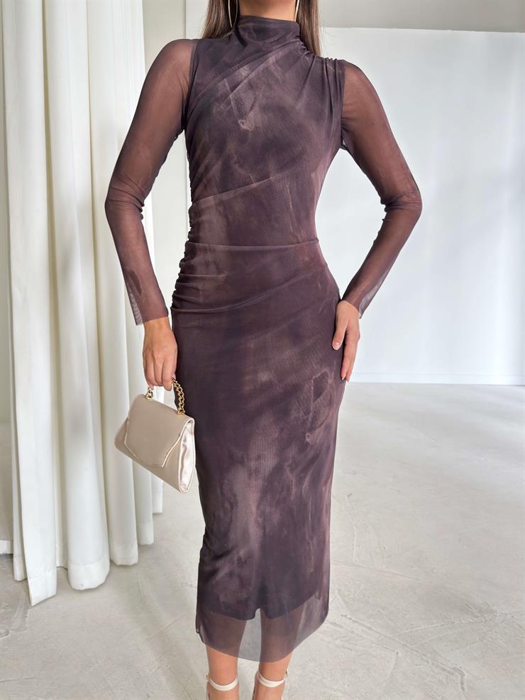 Uzun Tül Kol Drape Detaylı Colin Kadın Kahve Midi Elbise 24k369