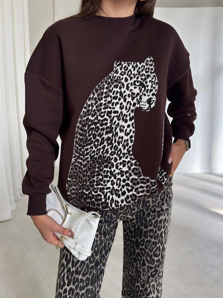 Desenli Bisiklet Yaka Connel Kahve Kadın Sweat 26K215