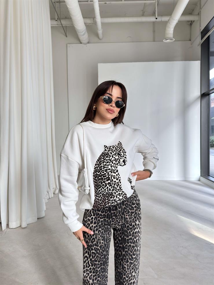 Desenli Bisiklet Yaka Connel Ekru Kadın Sweat 26K215