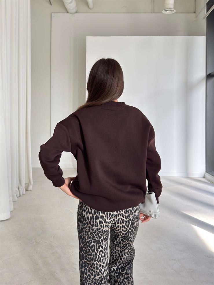 Desenli Bisiklet Yaka Connel Kahve Kadın Sweat 26K215