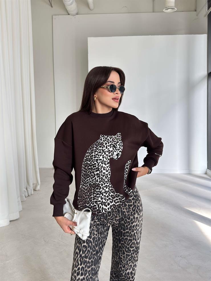 Desenli Bisiklet Yaka Connel Kahve Kadın Sweat 26K215
