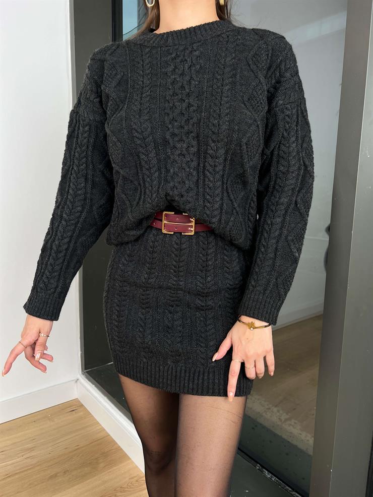 Bisiklet Yaka Kazak Mini Etek Conor Kadın Antrasit Triko Takım 24k308