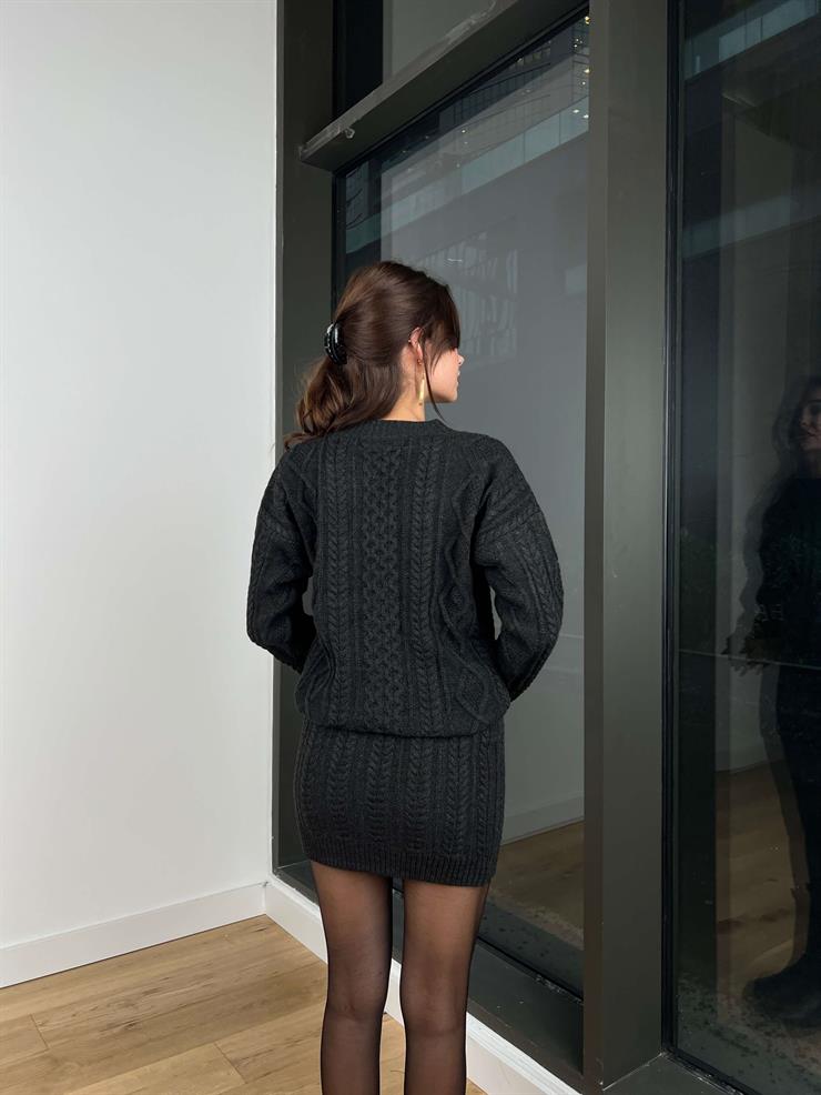 Bisiklet Yaka Kazak Mini Etek Conor Kadın Antrasit Triko Takım 24k308