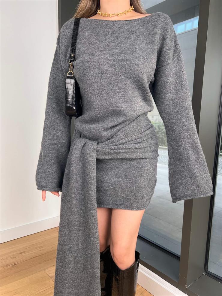 Kayık Yaka Uzun Kol Önden Bağlama Detaylı Corbus Antrasit Kadın Triko Mini Elbise 25K491
