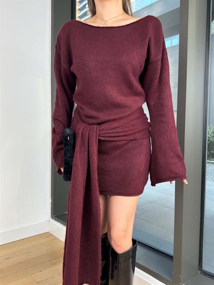 Kayık Yaka Uzun Kol Önden Bağlama Detaylı Corbus Bordo Kadın Triko Mini Elbise 25K491
